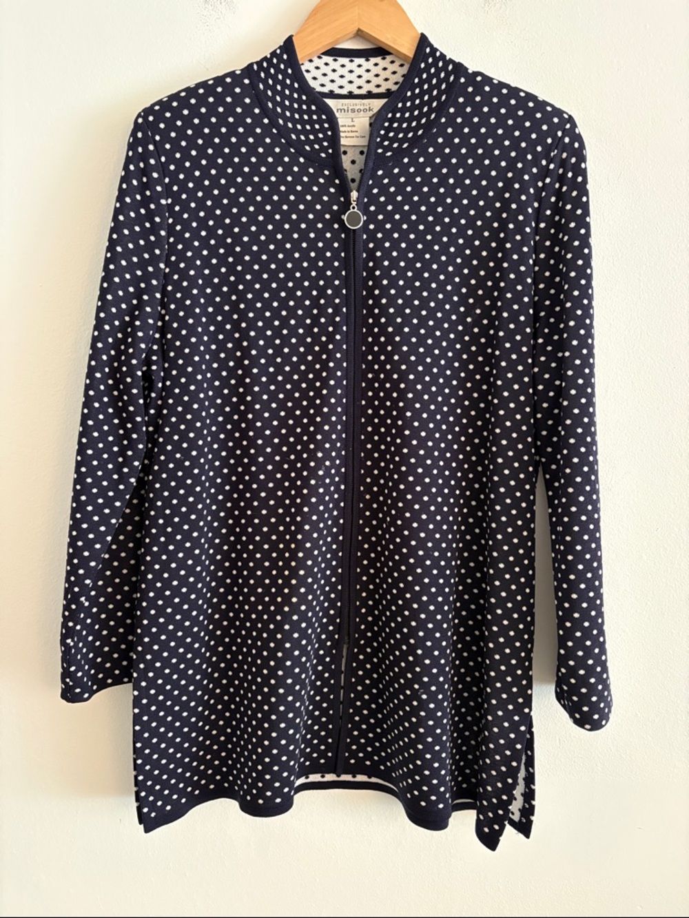 Exclusively Misook Polka Dot Long Sleeve Full Zip Tunic Cardigan Top Women’s L